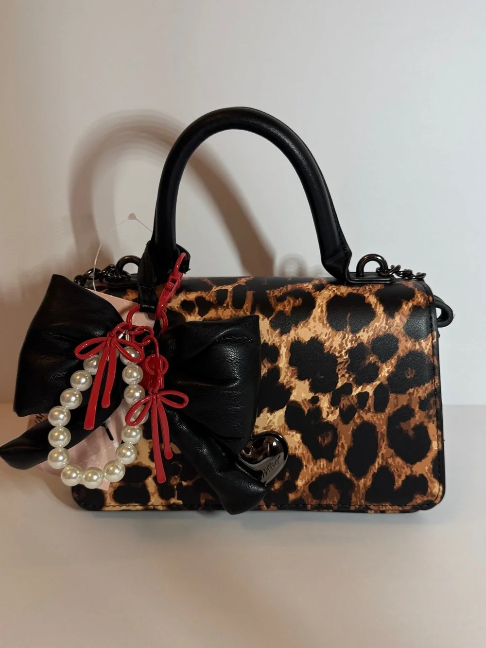 Luv by Betsy Johnson Leopard Satchel Crossbody with Bows & Pearl